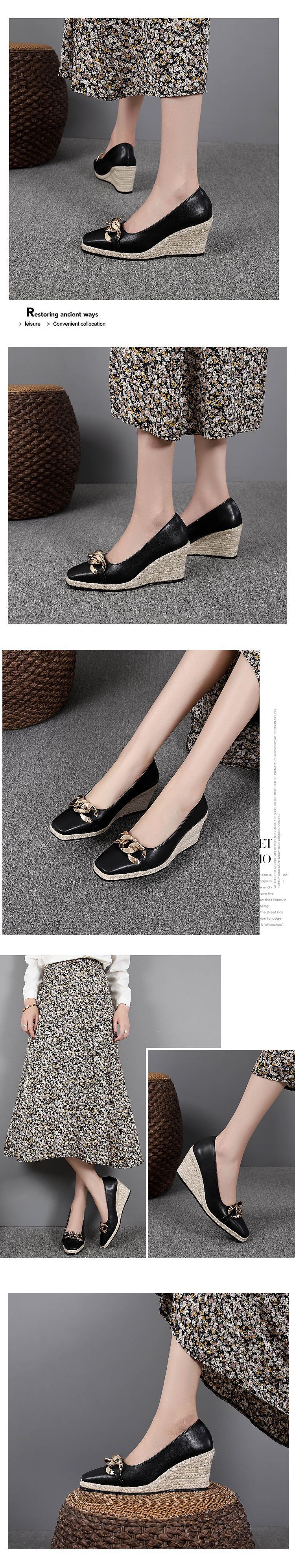 Női cipők tavaszra és ősszel új szalma éktalpú cipők női retró szögletes fejű csattal magas sarkú sekély szájú kötélcipők_voghion.com