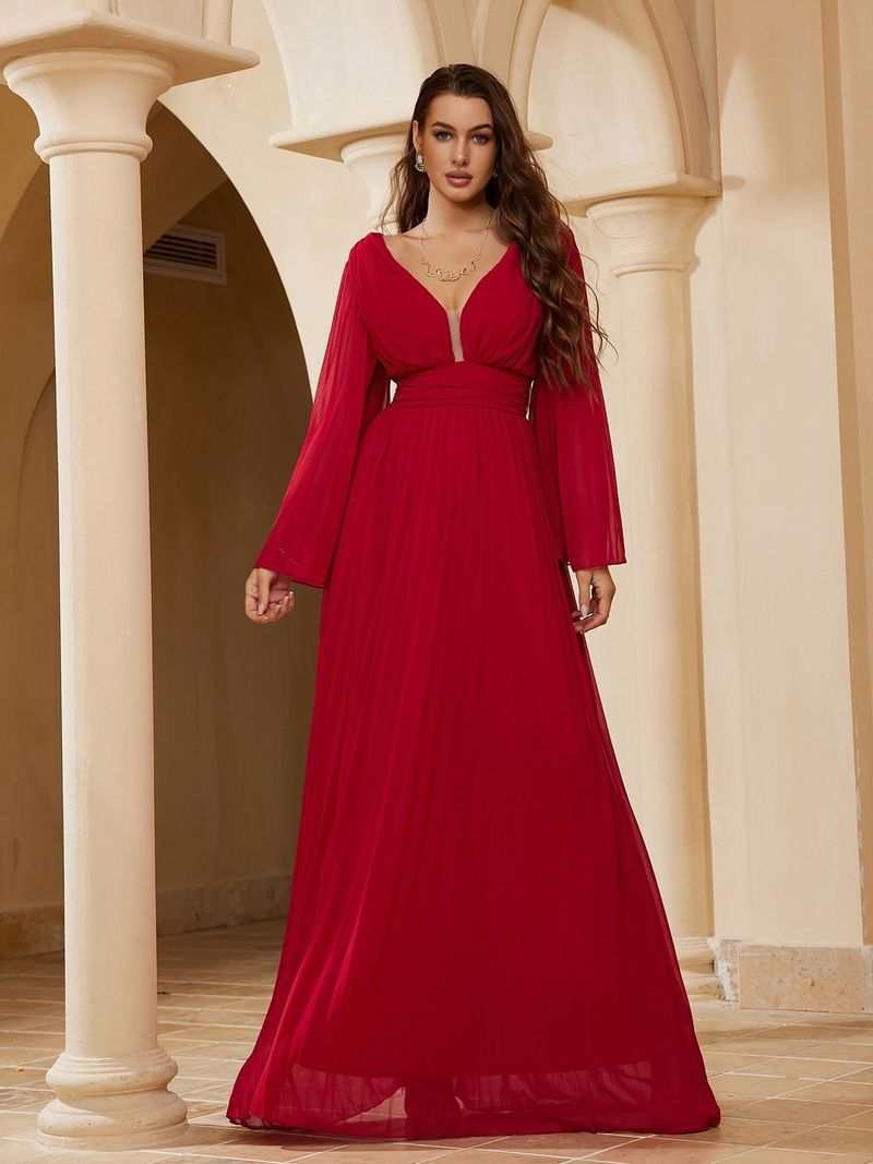Robe de soirée longue élégante à col en V pour femme - Robe trapèze longue au sol avec volants, décolleté en V profond et manches longues pour banquet ou bal de fin d'année_voghion.com