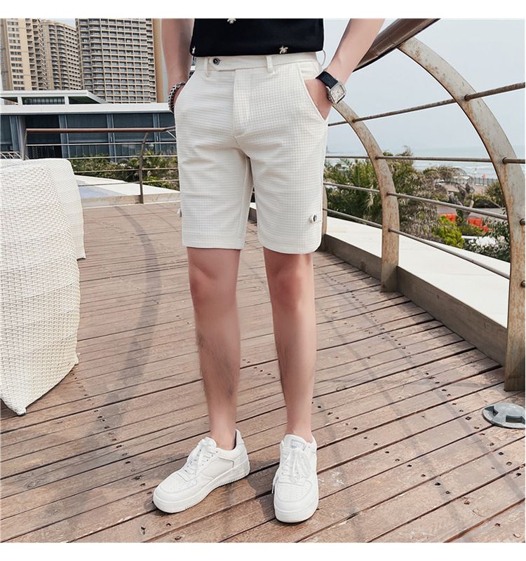Summer new Internet celebrity trend waffle fabric casual shorts British temperament men's slim-fitting five-point pants_voghion.com