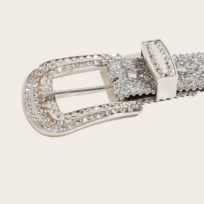 Cintura con strass dal design versatile, stile brillante, personalità alla moda, cintura in jeans con paillettes_voghion.com