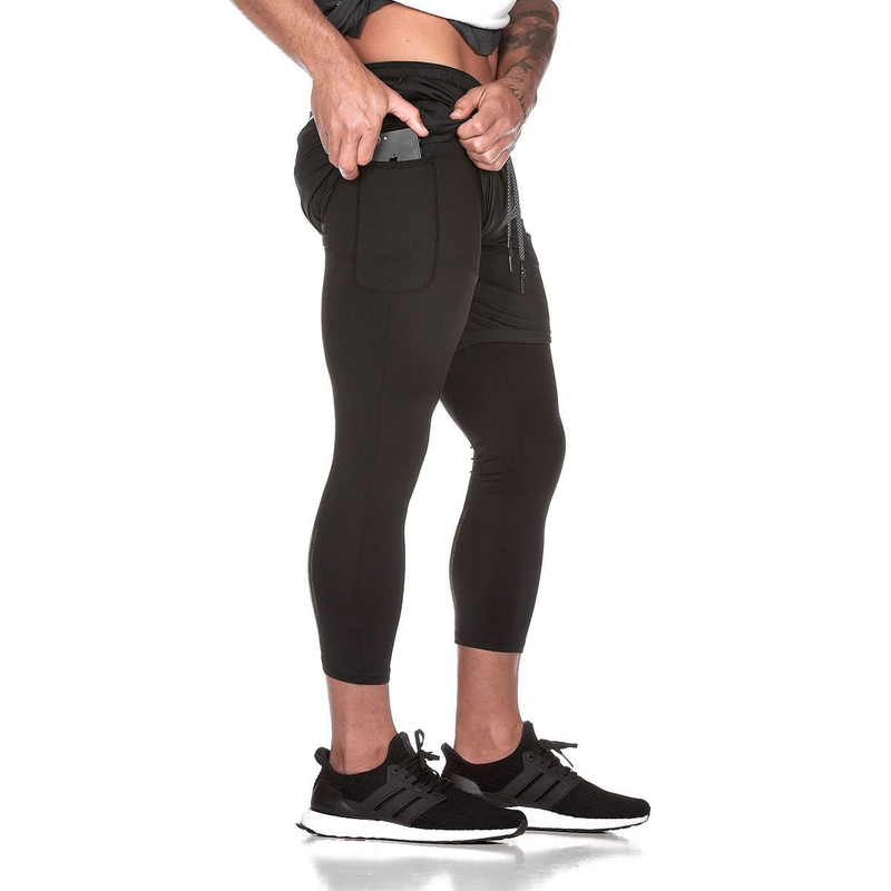 Muscle Fitness Brother Men's Summer Sports Running Fake Two Pieces Double Layer Mesh 7/4 Speed Drying Shorts Light Plate_voghion.com