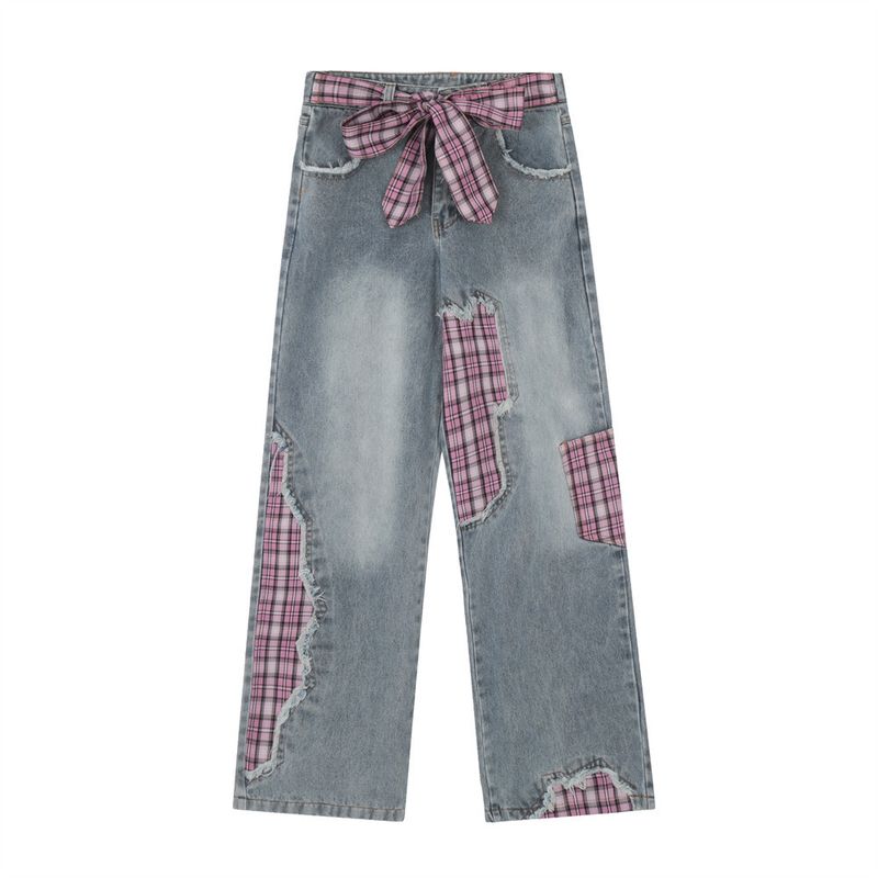 Irregular Patchwork Jeans For Men, Trendy Brand With Bow Belt Design, Niche Plaid Straight-Leg Pants_voghion.com