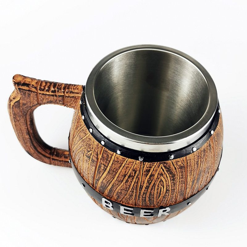 Viking-Inspired Wooden Barrel Beer Stein - Handcrafted Resin Tankard With Stainless Steel Liner, 500ml Capacity For Authentic Pub Experience_voghion.com