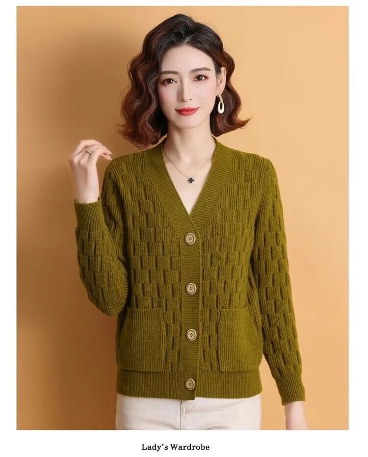 【 Cashmere Family 】 V-Ausschnitt Woll-Cardigan, Damen kariertes Temperament, Mutters gestrickter Außenschichtpullover,_voghion.com