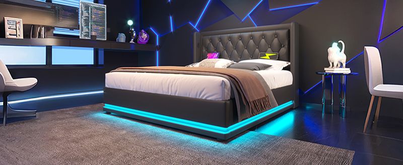 Lit double 160 x 200 cm, matelas en polyuréthane noir, lit coffre hydraulique avec chargement USB Type-C et éclairage LED sur 3 côtés, tête de lit rembourrée (matelas inclus)._voghion.com