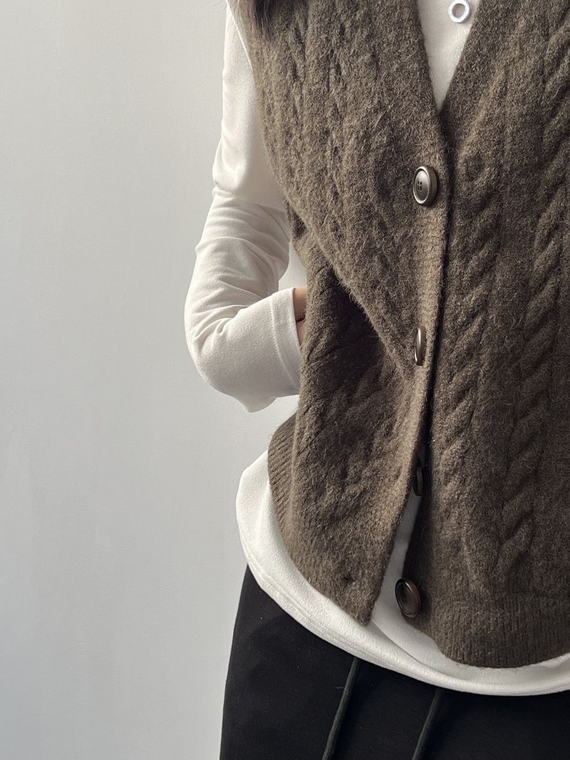 V-Ausschnitt Twist Gestrickte ärmellose Strickjacke Einfarbig Einfacher Windpullover Damenweste_voghion.com