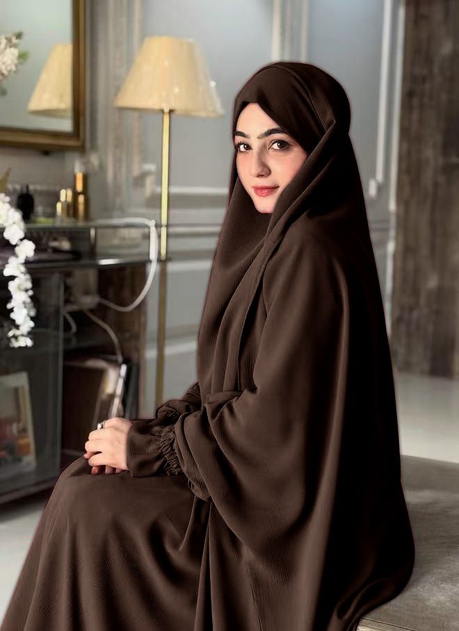 Muslimisches einfarbiges Gewand mit Glockenärmeln, zweiteiliges Set für Frauen mit großem Hijab und Rock P402_voghion.com