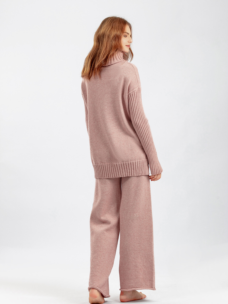 Vêtements pour femmes style paresseux pull à col roulé ample costume style occidental pour femmes pantalons à jambes larges à la mode ensemble deux pièces pour les femmes_voghion.com