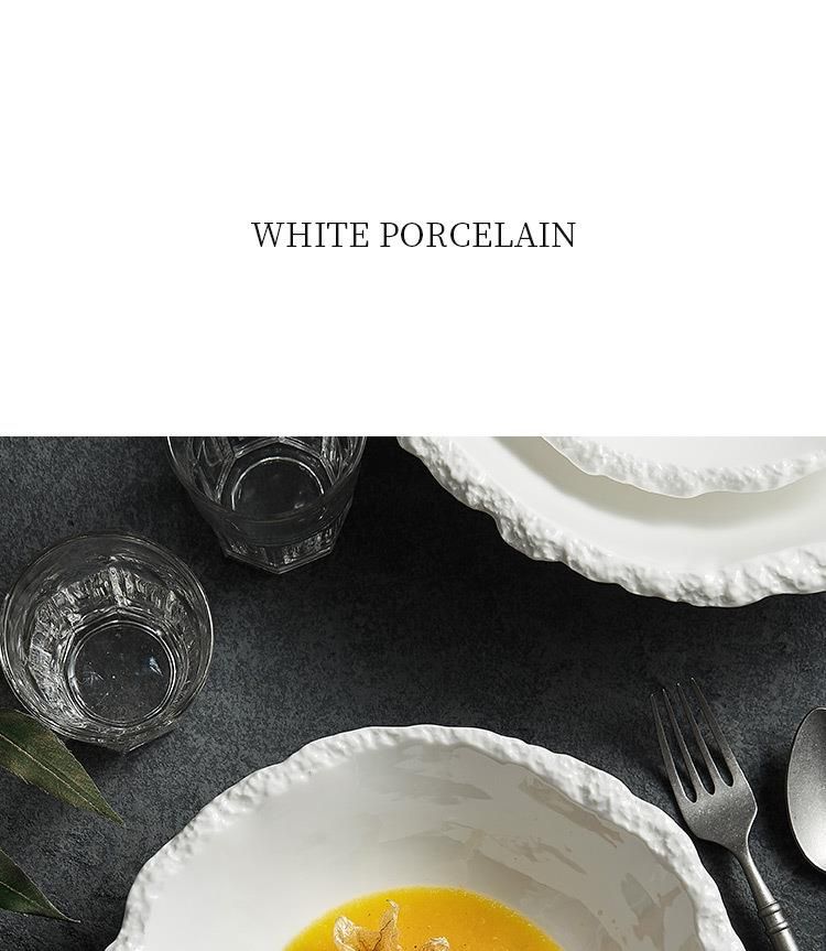 Rock Pattern Pointed White Ceramic Soup Noodle Unique Hotel Restaurant High-end Tableware Salad Bowl Large Size_voghion.com