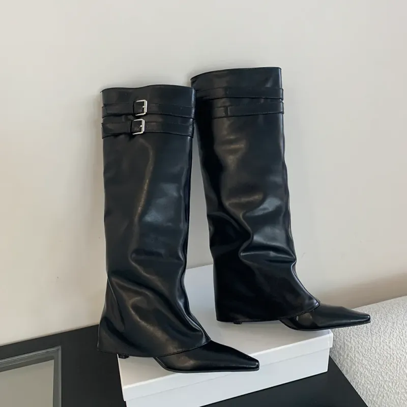 Spitzschuh Damen Winterstiefel Keil High Heels Gürtelschnalle Schwarz Braun PU Leder Botas Fashion Abendschuhe Frau 39_voghion.com