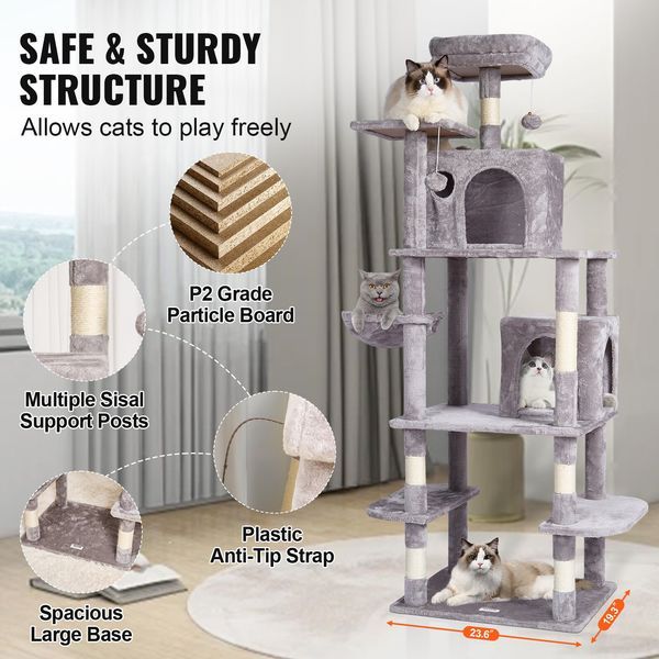 Cat Tree 68.5' Cat Tower With Cat Condos Sisal Scratching Post Light Grey_voghion.com