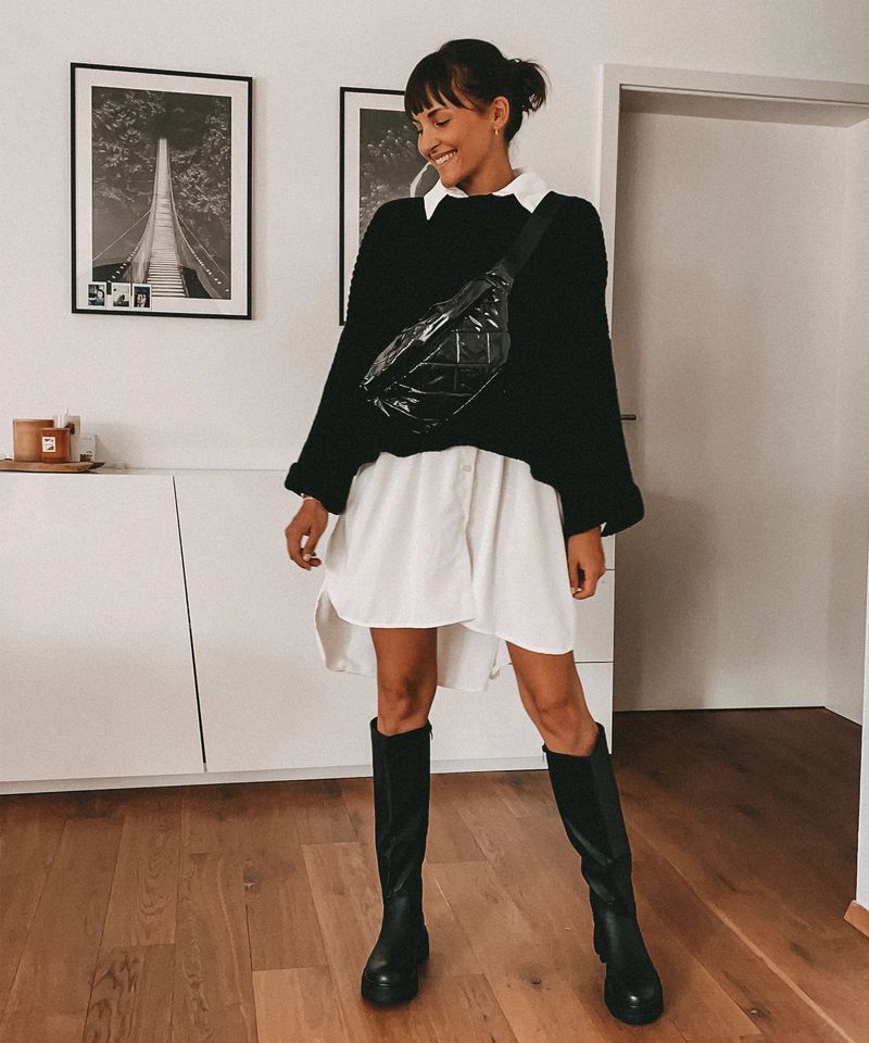 Robe pull oversize à ourlet fendu – Tunique en grosse maille à col rond (S-XL, robe décontractée automne-hiver, lavable en machine, indispensable du travail au week-end)_voghion.com