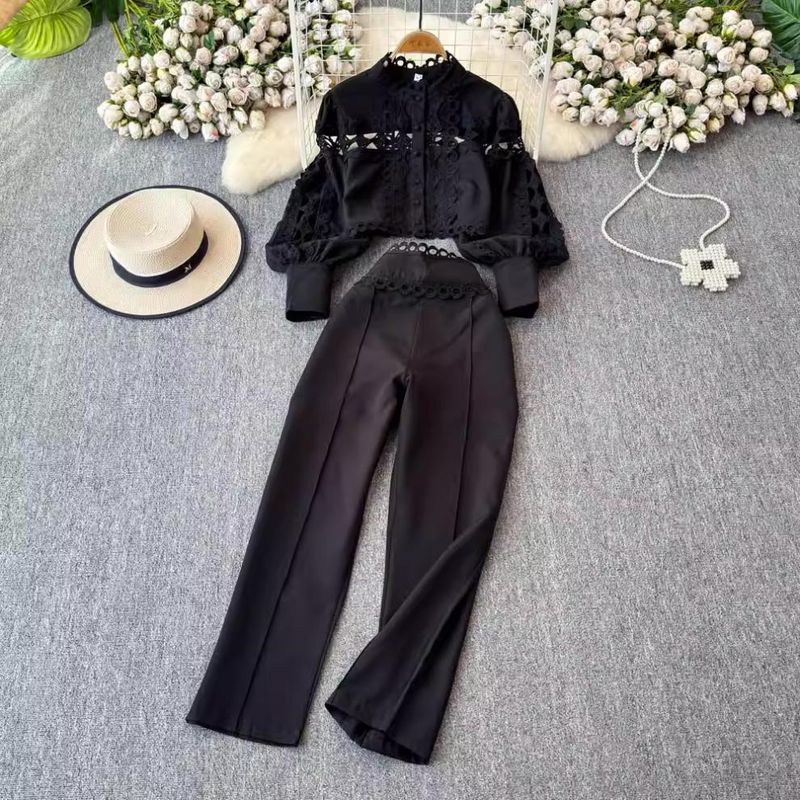 Abbigliamento da donna in stile palazzo retrò, lanterna, maniche lunghe, colletto alto, top in pizzo cavo, due pezzi, pantaloni professionali a vita alta_voghion.com