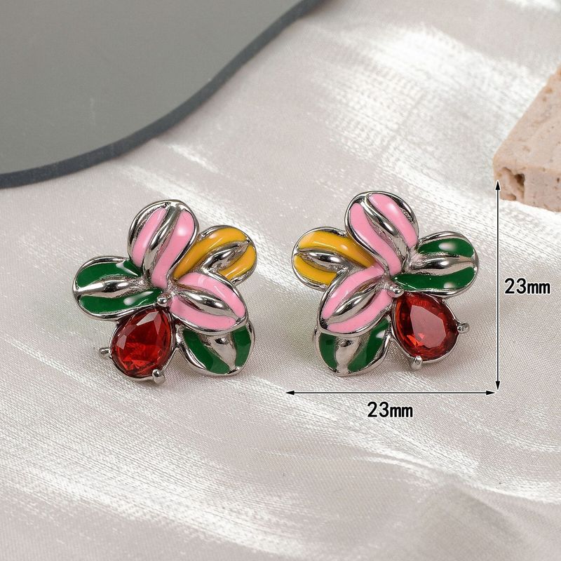 Light Luxury High-End Oil Drop Flower Earrings Inlaid Diamond Studs Elegant Colorful Petal Ear Jewelry_voghion.com