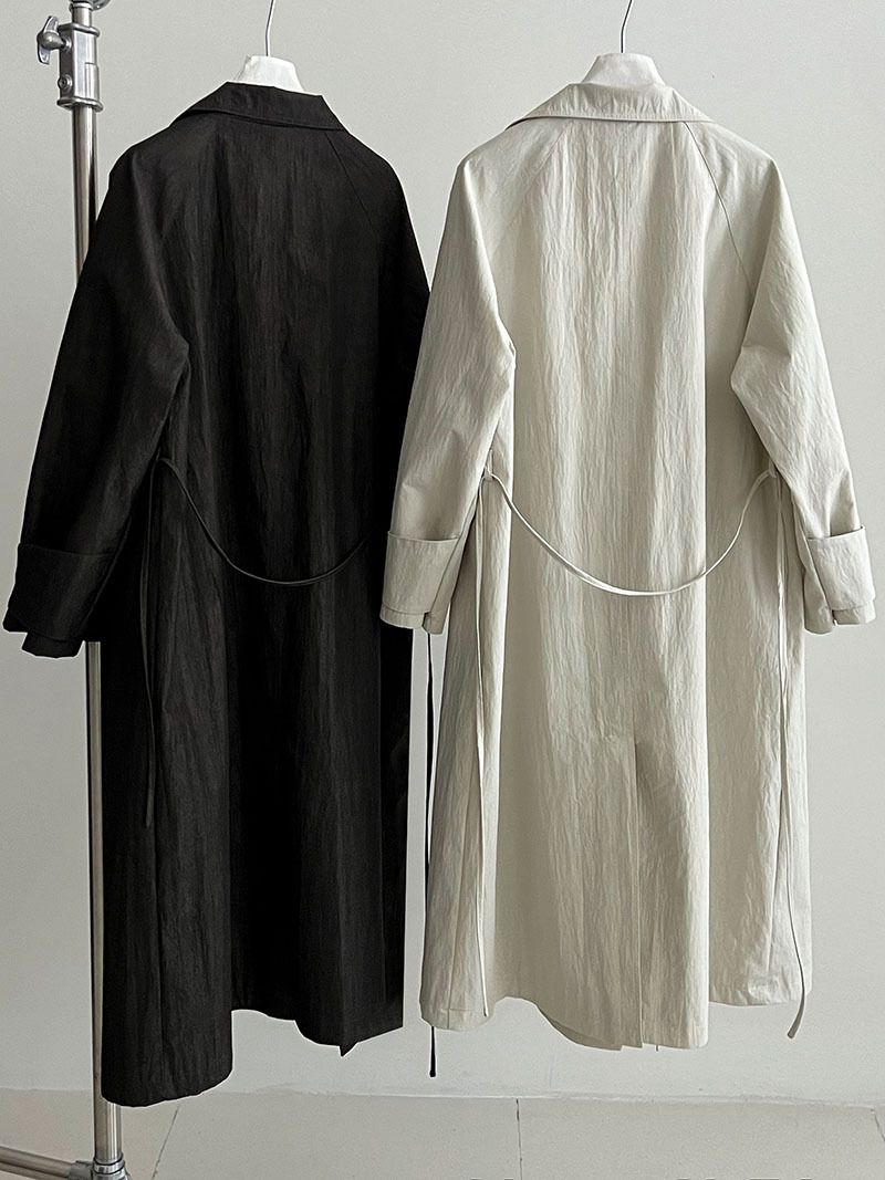 Minimalist British Style Trench Coat For Women, Long Sleeve Belted Duster Coat, Oversized Lapel Casual Overcoat In Beige & Denim Black_voghion.com