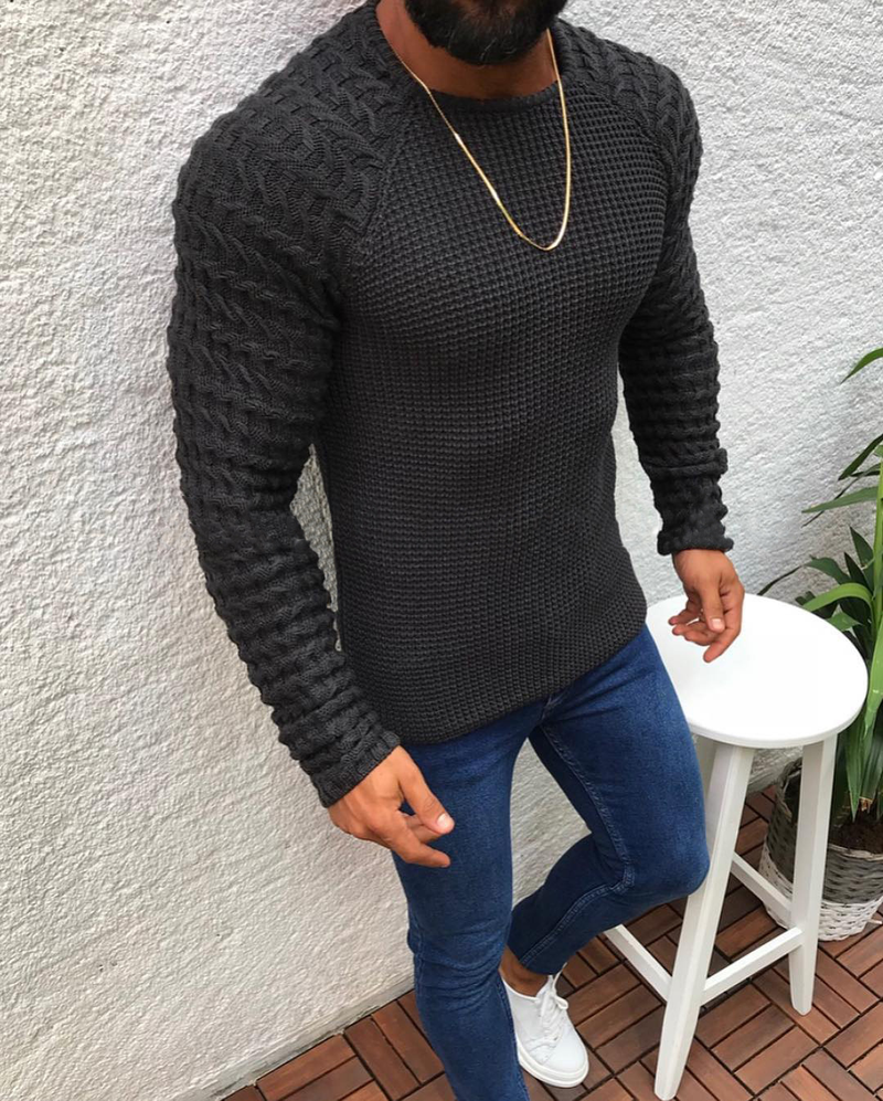 Men's sweater Fall and winter solid color slim-fit long-sleeved crew neck pullover sweater_voghion.com