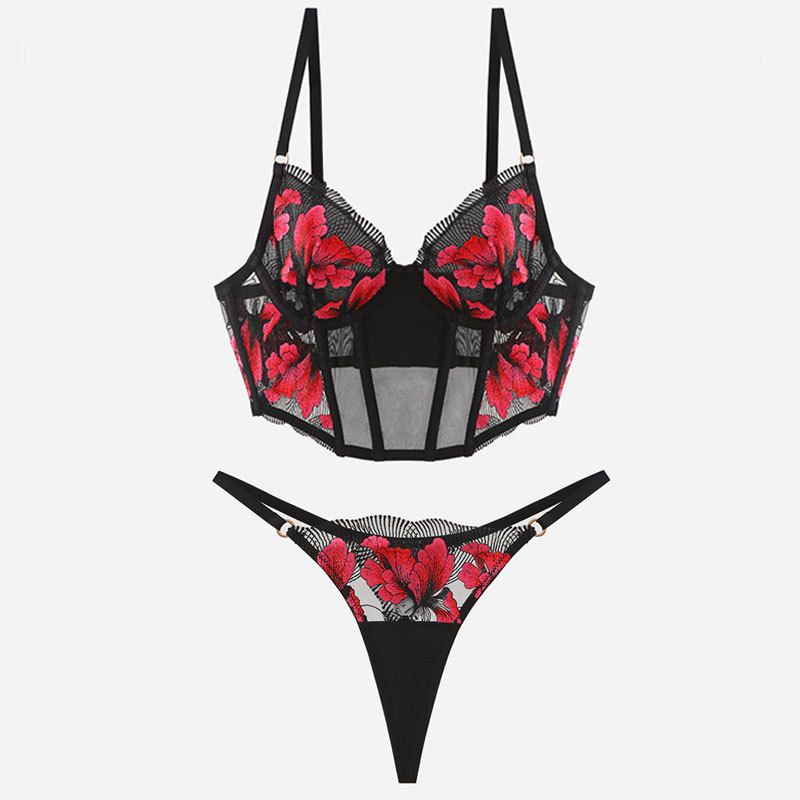 Women's Intimates Fishbone Ins Gather Small Chest To Show Big Anti Drooping High Quality Embroidered Eyelash Underwear 2 Piece Set_voghion.com