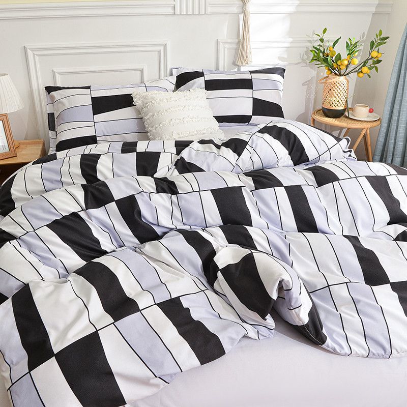 Modischer Bettbezug mit geometrischem Muster in Schwarz und Weiß, 3-teiliges Bettwäscheset, einfacher Bettbezug im Dreifarb-Nähte-Stil mit Kissenbezug_voghion.com
