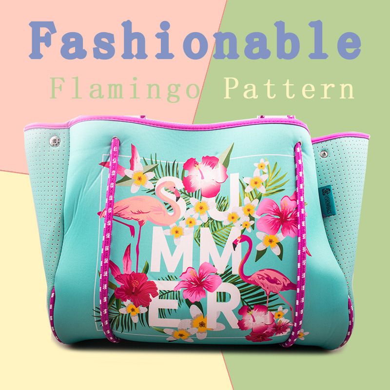 Tauchstoff Strandtasch, bedréckte Flamingo Handtasche, Outdoor Picknick Fraen Handtasche mat grousser Kapazitéit_voghion.com