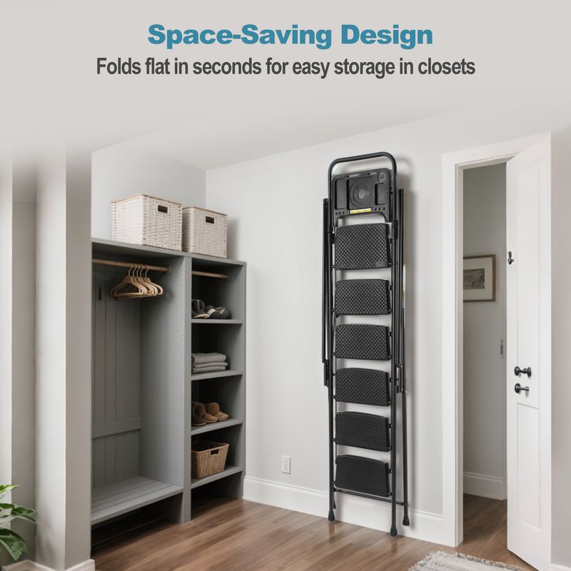 Folding Step Stool With Bandwidth Anti Slip Pedals And Tool Trays, Lightweight And Portable Steel Step Stool, Perfect For Kitchen And Home, Indoor And Outdoor Use, Sturdy Steel Steps (6 Levels)_voghion.com
