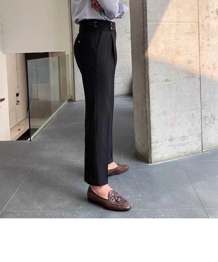 Herrenbekleidung Einfarbige Neun-Punkt-Hose mit hoher Taille Temperament Lässige Business-Hose mit italienischen Pariser Knöpfen Herrentrend_voghion.com