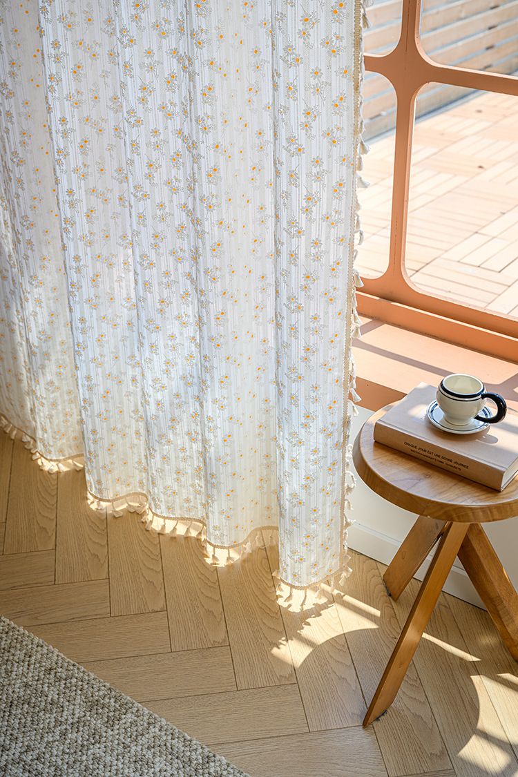 Cortinas de algodón semitransparentes de estilo japonés, sin perforaciones, con ganchos y ojales, con estampado floral bohemio y garabatos para sala de estar y dormitorio._voghion.com