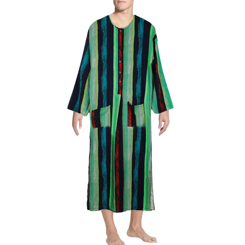 2025 Frühling und Herbst Neue Kleidung Langarm-Overall Arabische Männer Gestreifte Gedruckte Muslimische Robe_voghion.com