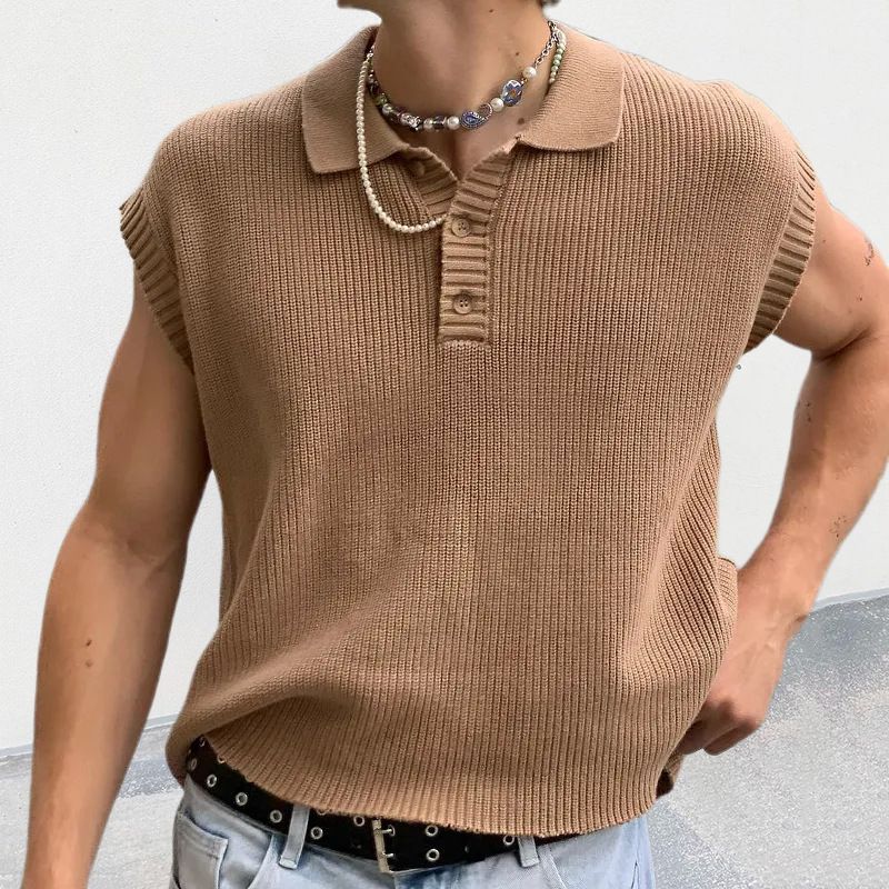 Abbigliamento maschile Maglione lavorato a maglia primaverile ed estivo Maglione lavorato a maglia con colletto polo tinta unita da uomo Maglione da uomo_voghion.com