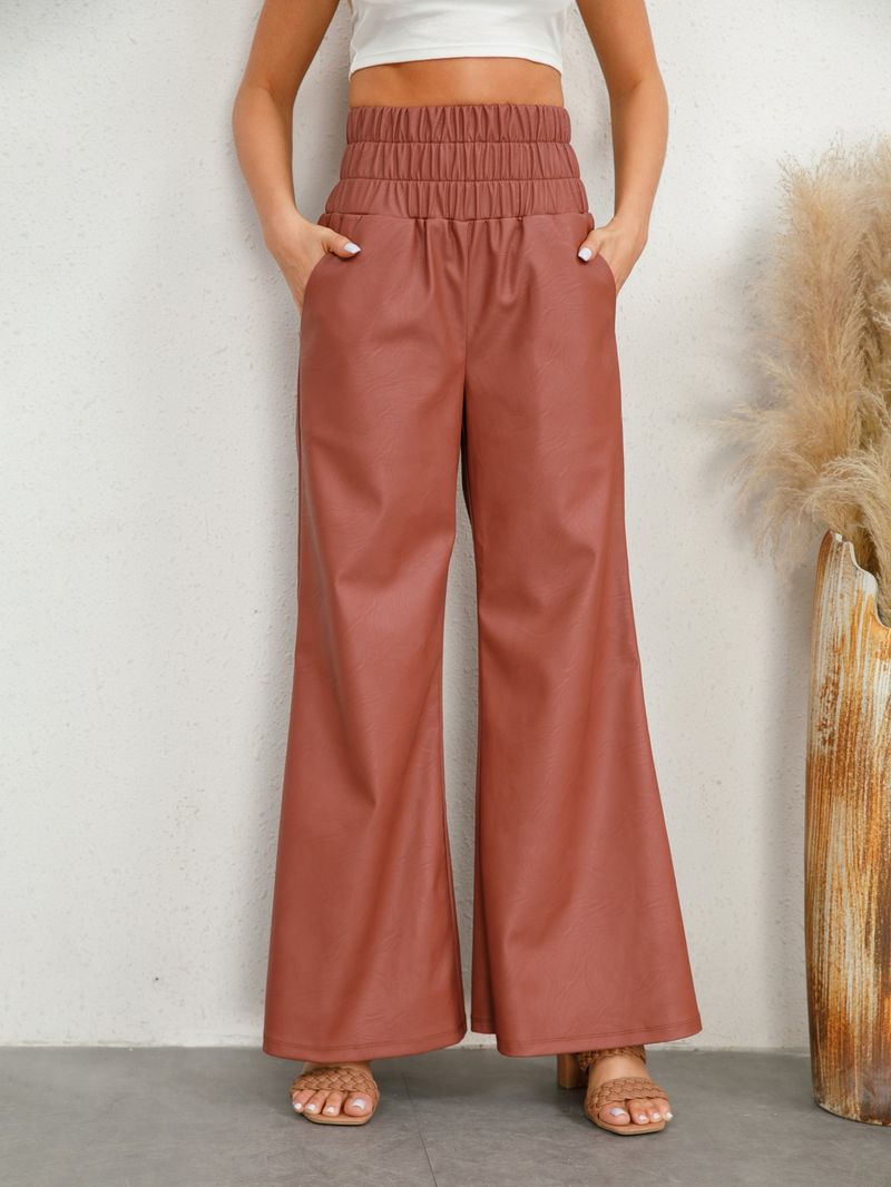 Pantaloni a zampa d'elefante da donna autunno inverno a gamba larga in pelle pu a vita alta da strada alla moda da donna_voghion.com