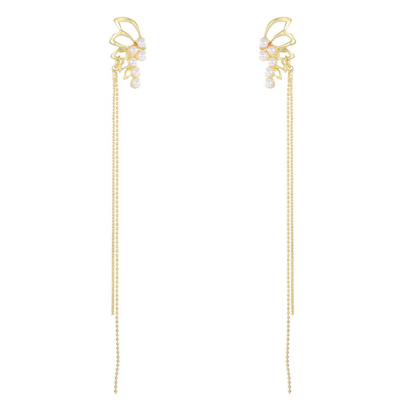 Pearl Butterfly Tassel Bone For Women's Instagram Style Long Chain Clip Without Ear Hole Earrings_voghion.com