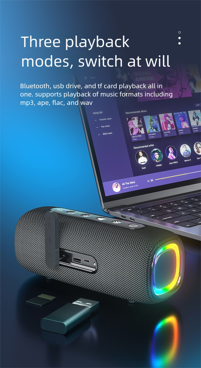 Nieuwe draadloze Bluetooth-luidspreker voor buiten, waterdicht en draagbaar, supersubwoofer met RGB-licht, gamegeluid_voghion.com