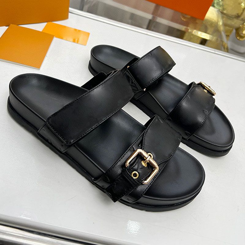 Nuevo estilo 2025: pantuflas de pareja con una sola correa y hebilla, versátiles, antideslizantes, informales, para playa, color negro._voghion.com