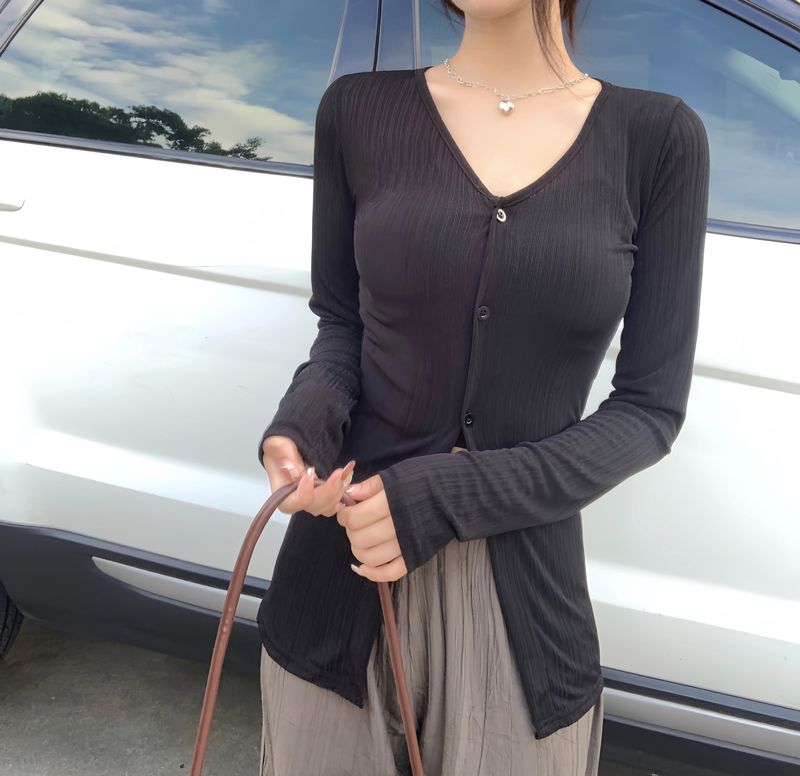 Tanek ledeno svilen kardigan za sončenje za ženske poleti 2024, z novim temperamentom V-izreza, nišnega slim kroja,_voghion.com