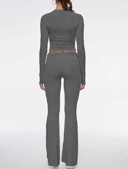 Damenbekleidung Neuer Rundhalsausschnitt, kurzer Stil, enger Hosenanzug mit niedriger Taille und Schlaghose_voghion.com