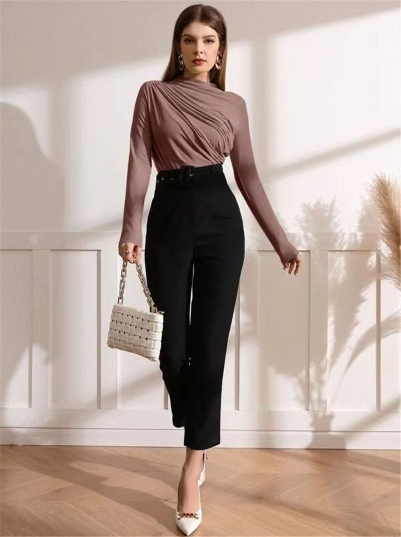 2025 Autumn And Winter New Design, Pleated Versatile Long Sleeved T-shirt, Women's Solid Color Top_voghion.com