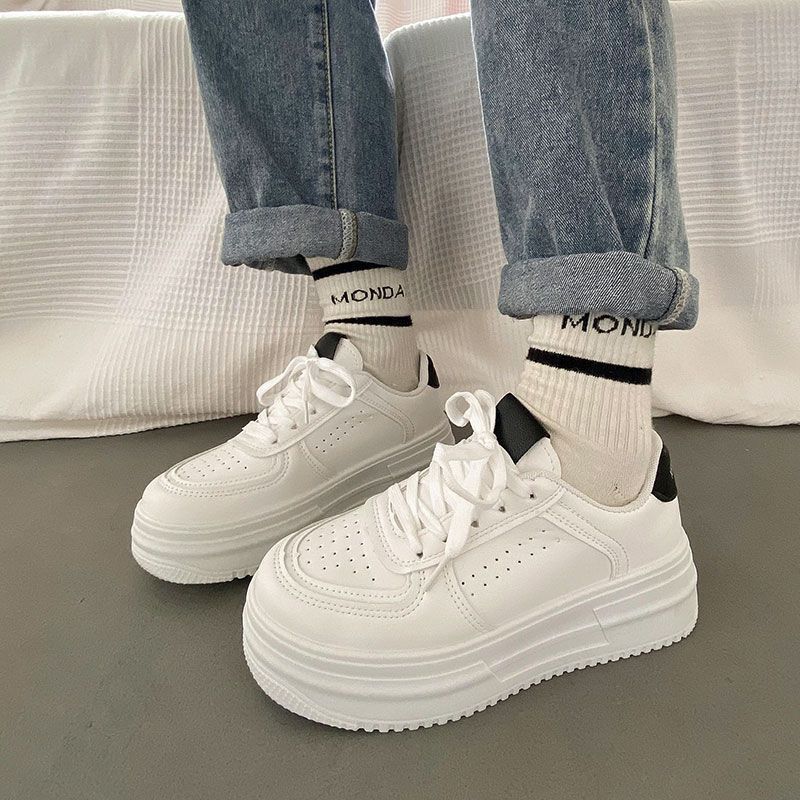 Thick Sole Mesh Breathable Casual Single Lace Up Round Head Solid Color Sports Women's Shoe_voghion.com