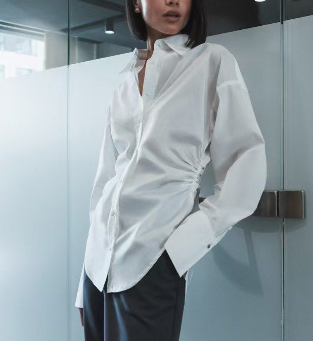 Women's Clothing Long Sleeved Solid Color Shirt Temperament Slim Design Slim Waist Pleated Women Commuting All Match_voghion.com