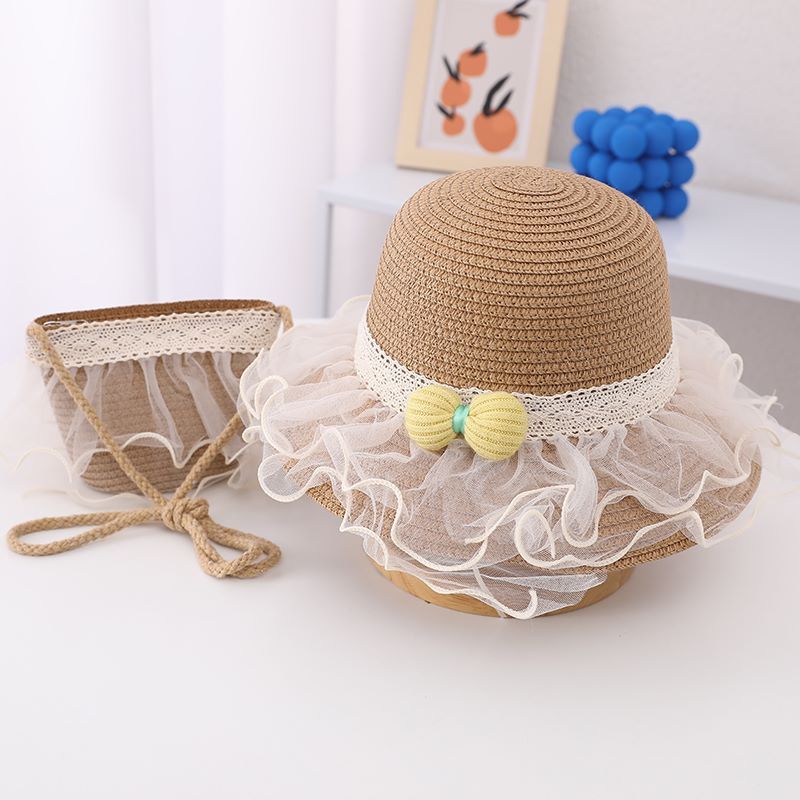 Set di borse di paglia per bambini, parasole per donne, protezione solare, cappello da spiaggia in rete, estivo da principessa_voghion.com