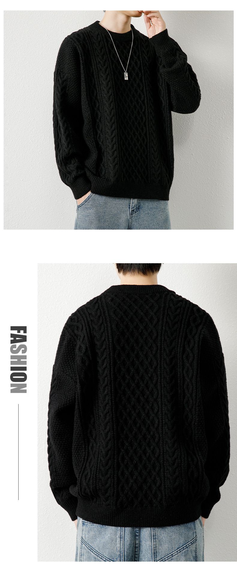 Herren-Zopfmusterpullover, warmer Winterpullover, Rundhalsausschnitt, dick gestrickte Basisschicht, lässig, lockere Passform, trendiger Pullover_voghion.com