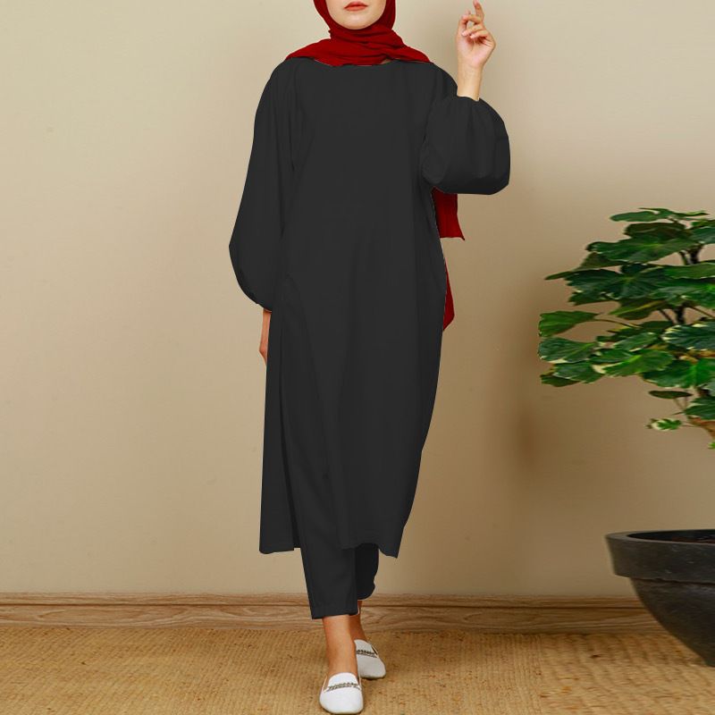 Verve 2025 New Muslim Comfortable Casual Solid Color Sleeve Round Neck Split Long Pants Set_voghion.com