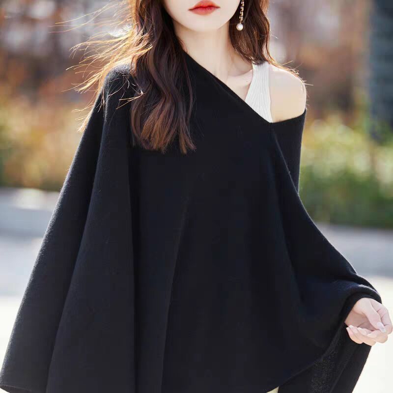 ragazza 2024 autunno nuovo elegante maglione alla moda da donna con scollo a V cappotto scialle largo di media lunghezza_voghion.com