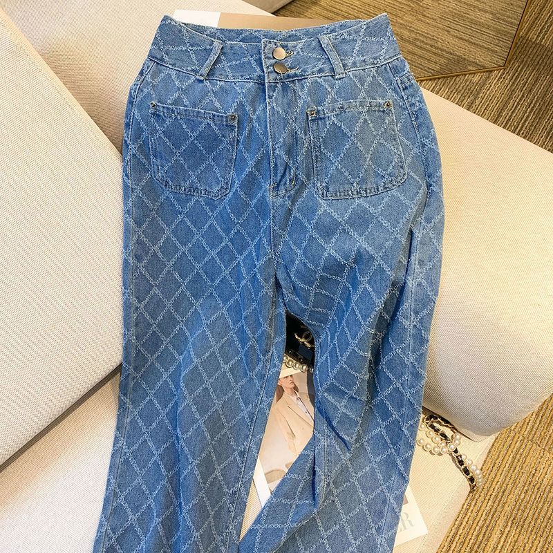 Dámské oblečení Jaro Nový diamantový design Džíny s vysokým pasem Dámské volné zeštíhlující rovné široké kalhoty_voghion.com