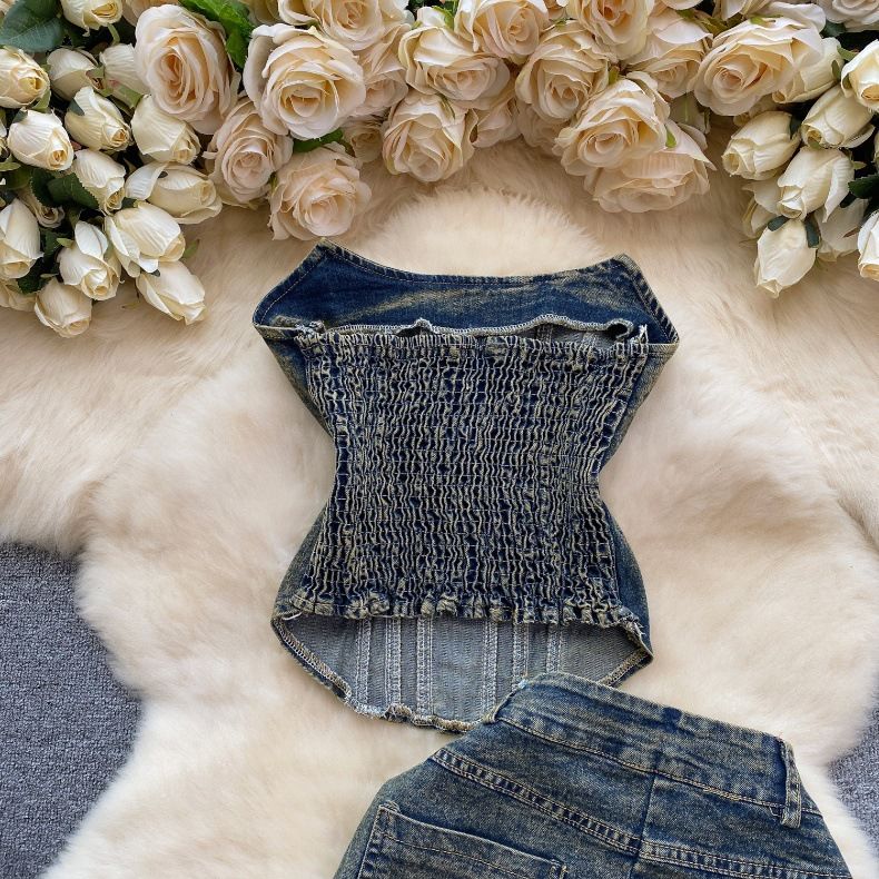 Dámský džínový oblek ve stylu Retro pure lust hot girl pro ženy s designovým tubusovým topem + s vysokým pasem zeštíhlující dlouhá sukně s rozparkem rybího ocasu_voghion.com