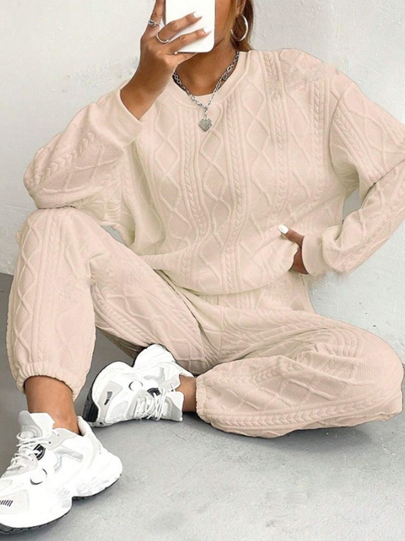 Conjuntos de duas peças femininos, conjunto de calças combinando, gola redonda, manga comprida, tops, calças compridas, elegante, cós elástico, casual 2025_voghion.com