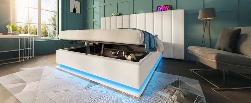 Lit double 160 x 200 cm avec rangement intégré, éclairage LED et recharge USB-C via application, sommier à lattes et matelas inclus, similicuir, blanc_voghion.com