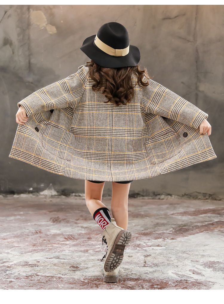 Girls Woolen Coat Autumn And Winter New Children's Medium And Long Plaid Coat For Middle And Large Children's Fashionable Woolen Coat Trend_voghion.com