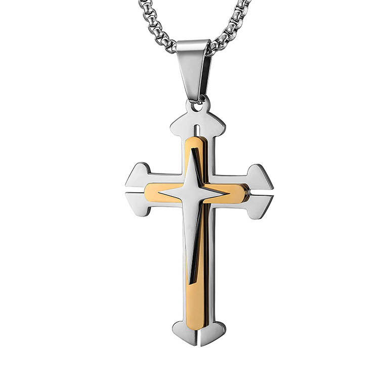 2023 Sieraden Hip Hop Titanium Staal Trendy Heren Hanger 3D Kruis Ketting_voghion.com