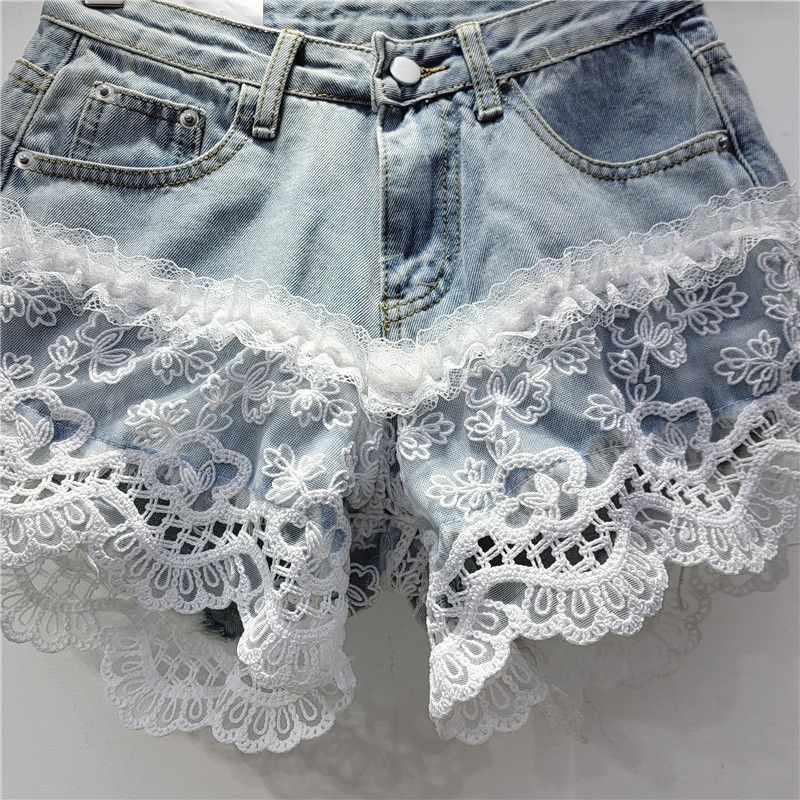 Pantaloncini in denim nuovi da donna, con vita alta, ricami e cuciture in pizzo, larghi e versatili, modello A-line, pantaloni corti_voghion.com