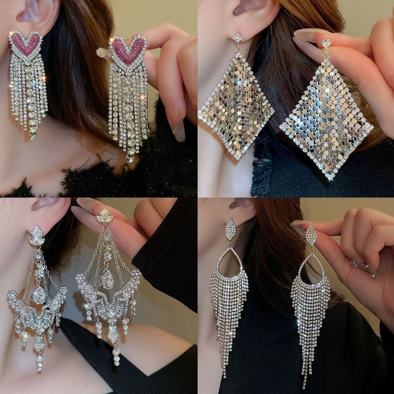 Silver Needle Artificial Pearl Full Diamond Triangular Geometric Tassel Light Luxury Fashionable Earrings, Niche_voghion.com