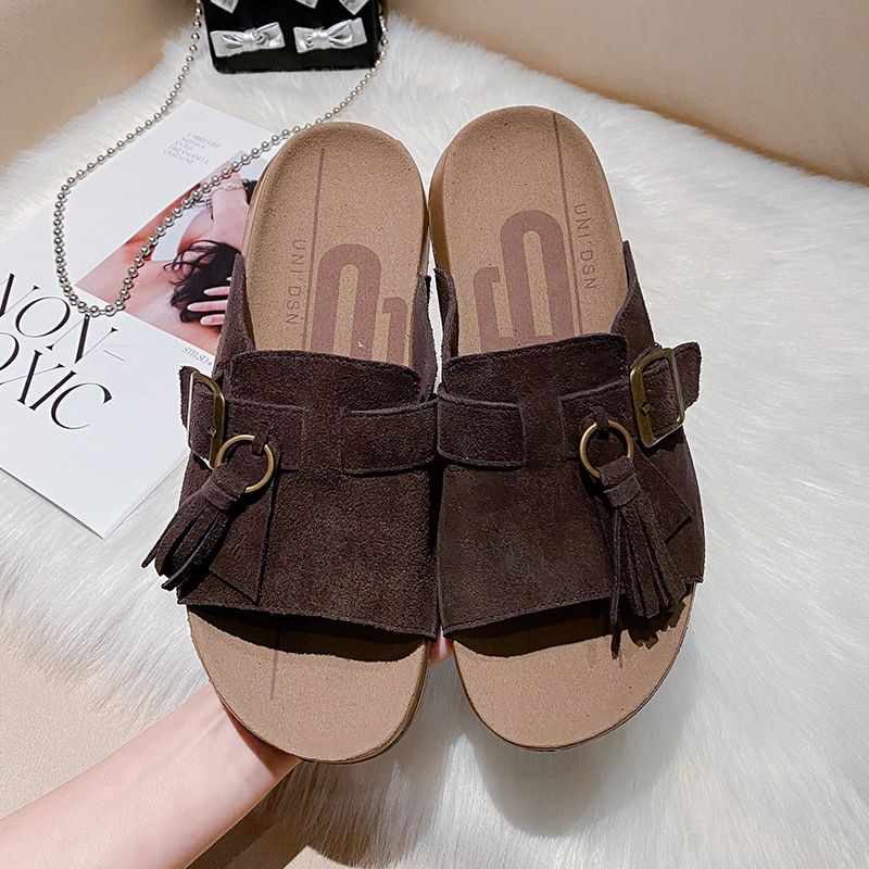 Echtleder-Quasten-Sandalen mit dicker Sohle und einem Riemen für Damen, modischer neuer Stil 2025, Gürtelschnalle zum Hineinschlüpfen_voghion.com